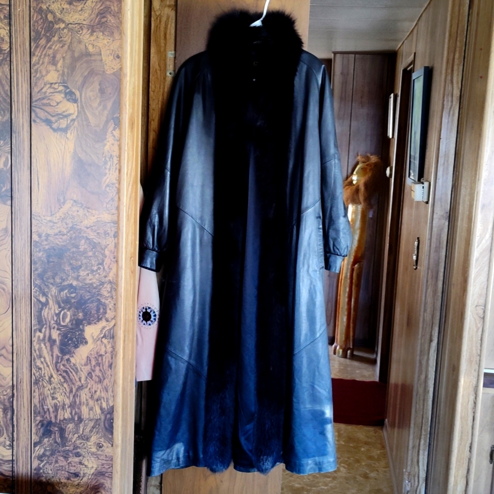 Full length fox trim leather coat